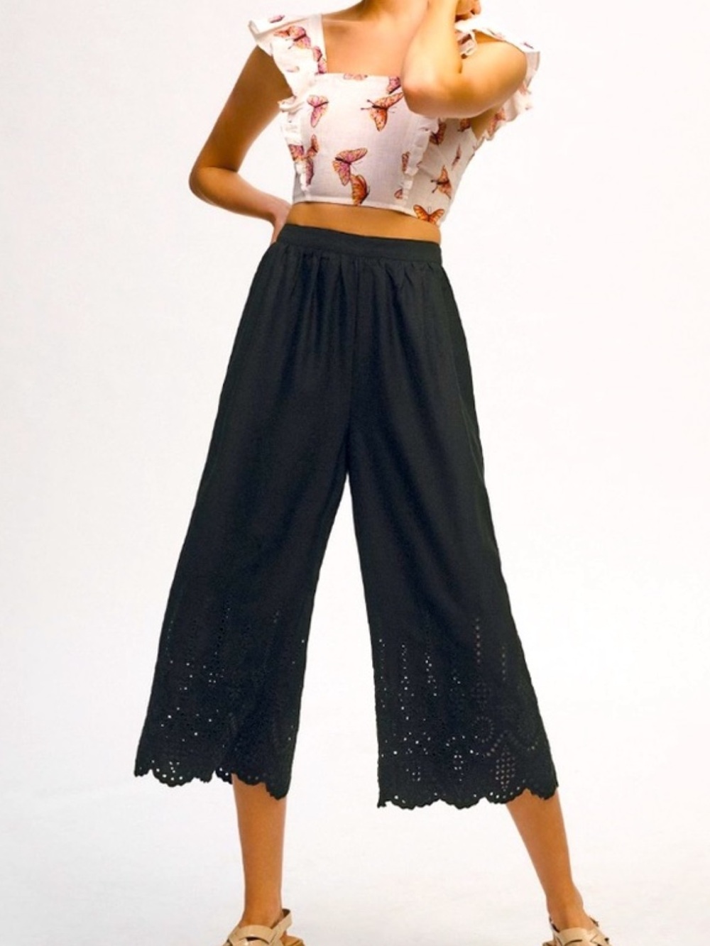 Anthropologie Black Eyelet 100% Wide-Leg Pants